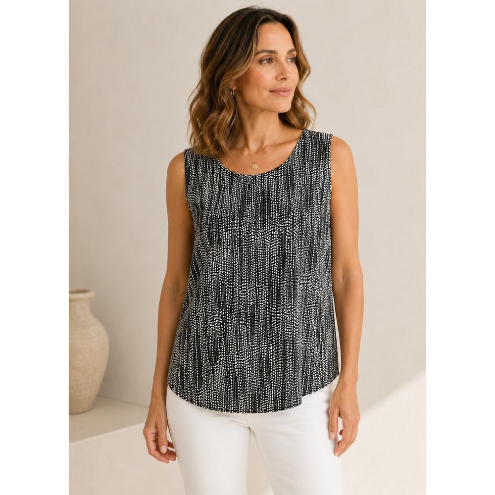 Liz Claiborne Sleeveless Top Small Black White Geo Print Stretch Knit - Picture 11 of 11